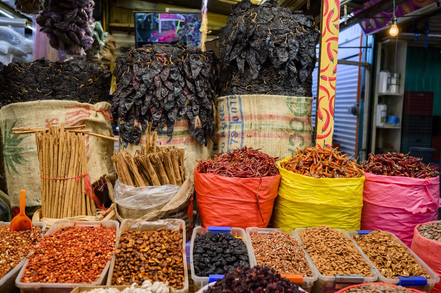 An array of fresh and dried ingredients in the market in Oaxaca