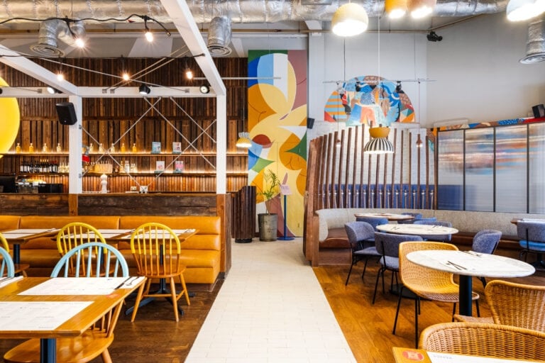 Wahaca wimbledon relaxed seating, colourful murals