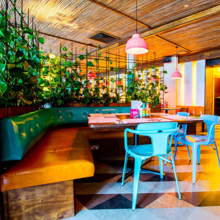 A bright table at Wahaca Brighton surrounded by leafy plants