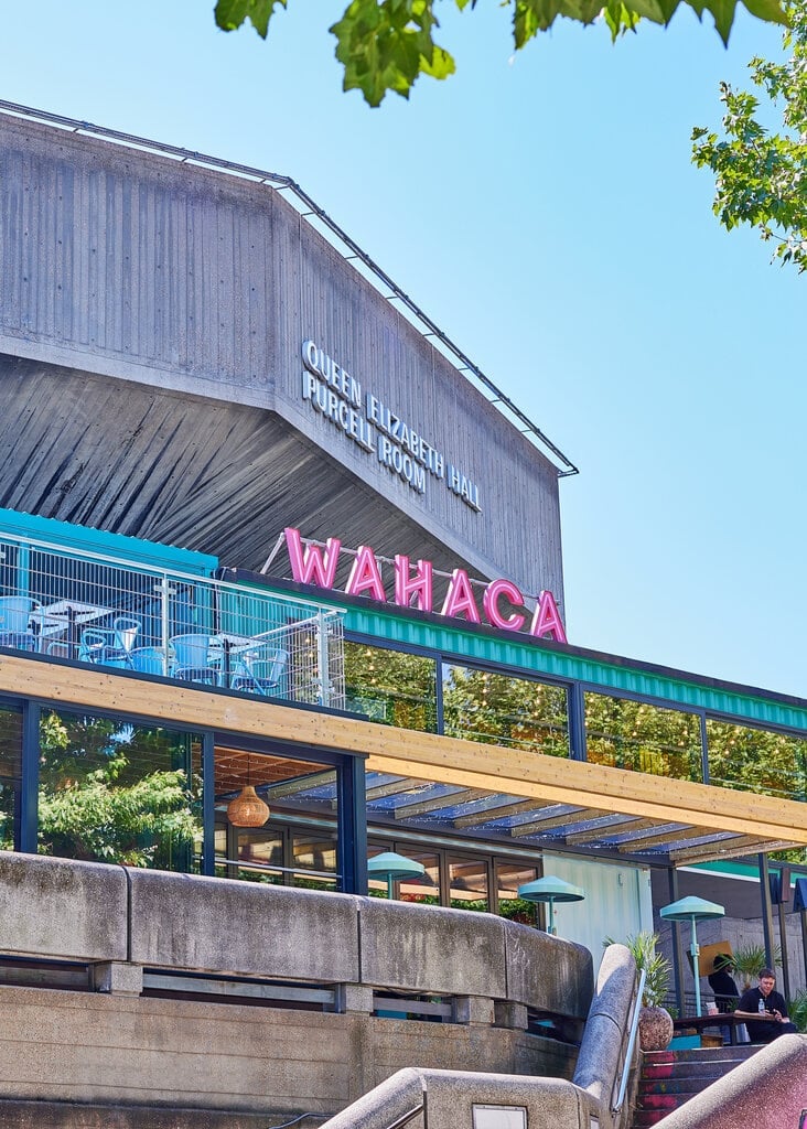 Exterior of Wahaca Southbank made of shipping containers