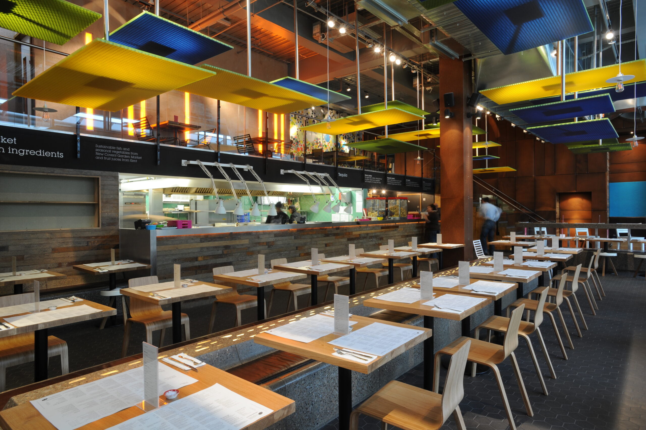 Tables and open kitchen at Wahaca White City
