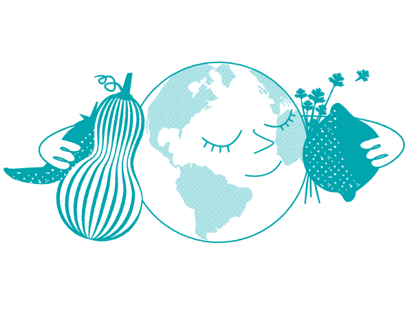 An illustration of the earth with a smiling face and arms around an array of fresh ingredients