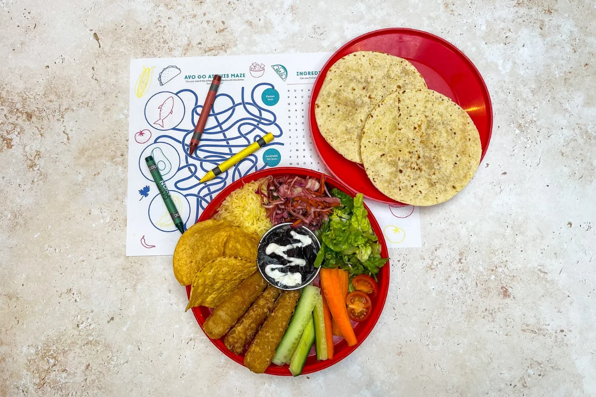 Kids menu fish tacos with a colouring and activity sheet