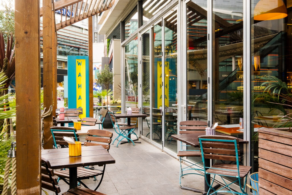 outside terrace seating at wahaca stratford