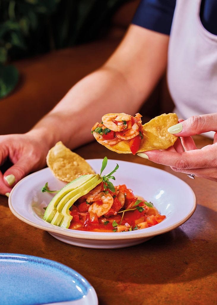 prawn tostadas in tomato and lime salsa