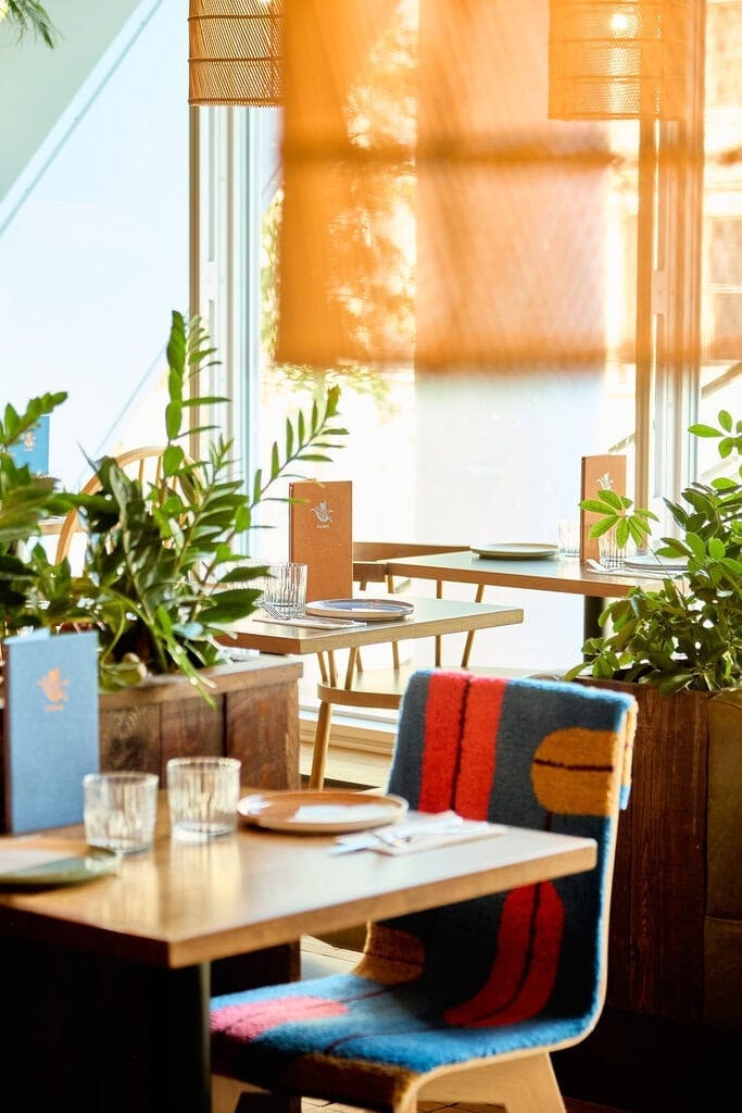 A photo of the inside of our Mexican restaurant in London Paddington. Tables are surrounded by many plants and the chairs have handmade and colourful covers on them. Natural light floods into the London restaurant.