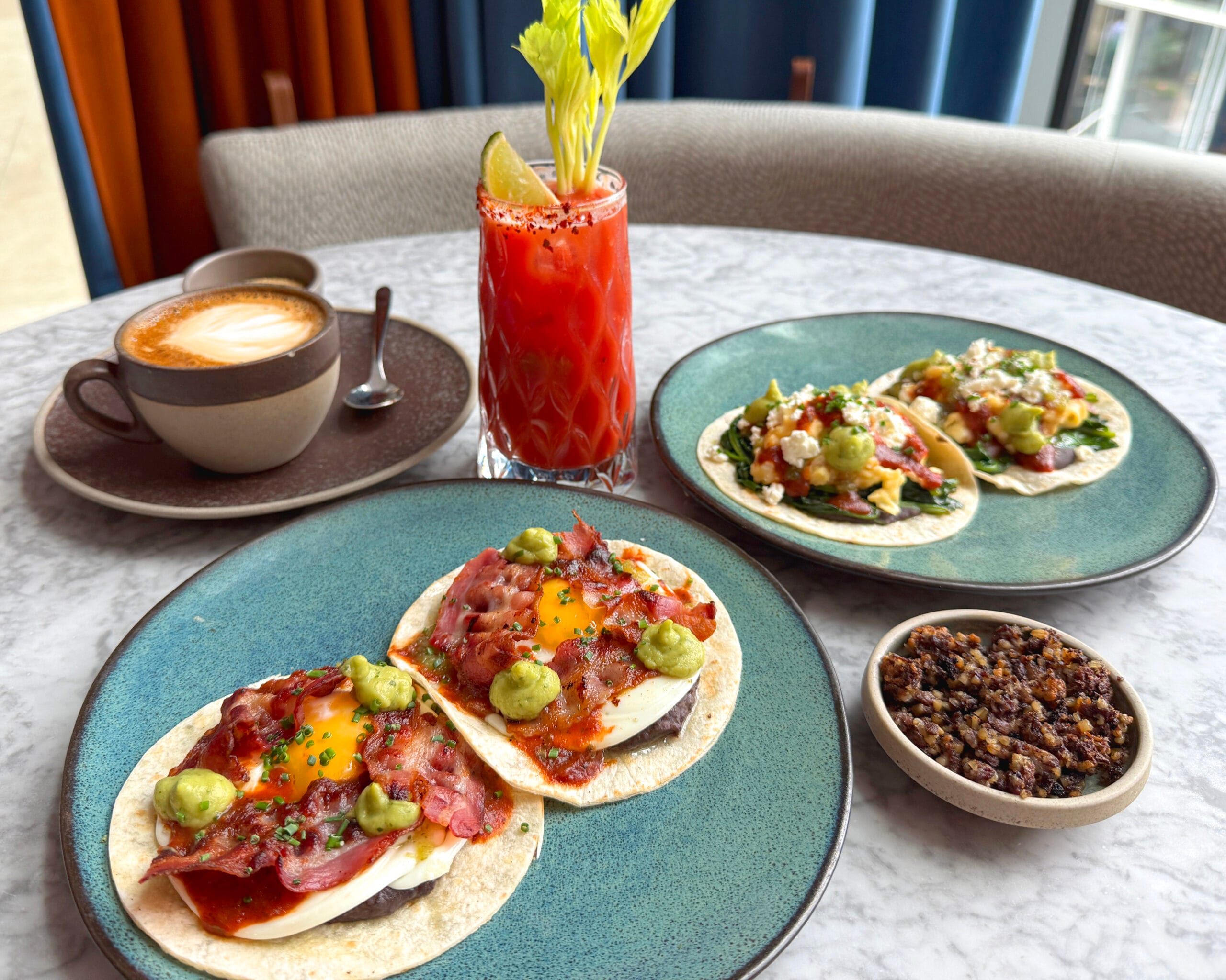 Breakfast tacos, haggis side and a Bloody Maria cocktail and Freshly brewed coffee